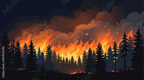 A dramatic illustration depicts a silhouette of evergreen trees engulfed by a raging wildfire, with intense orange and yellow flames against a dark sky filled with smoke.