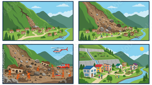 This illustration depicts a landslide disaster scenario, showing the event, rescue efforts, and a safe community, representing natural disaster impact and recovery.