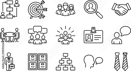Professional Business Management Icon Set Featuring Human Resources Recruitment Corporate Leadership Teamwork Organization Strategy Networking Career Development
