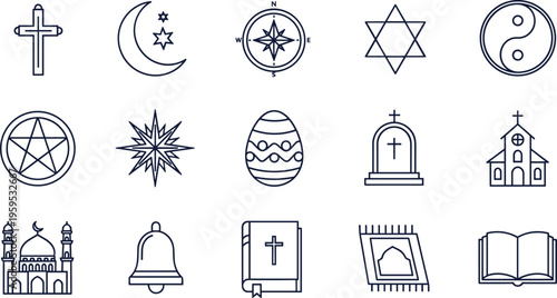 Collection of religious and spiritual line icons featuring Christian cross Islamic crescent star of David pentagram yin yang and sacred symbols
