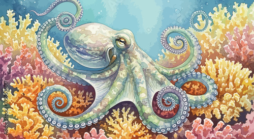 Majestic Octopus Among Vibrant Coral Reefs Underwater Ocean Life Illustration
