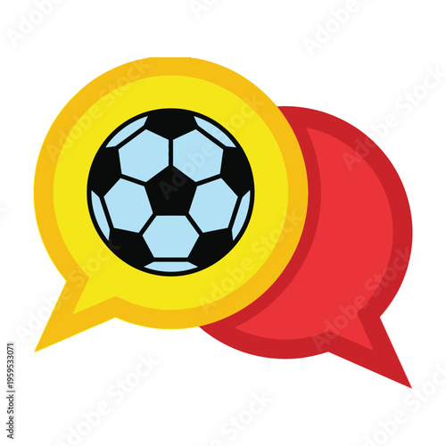 Soccer ball in yellow and red speech bubbles on white background