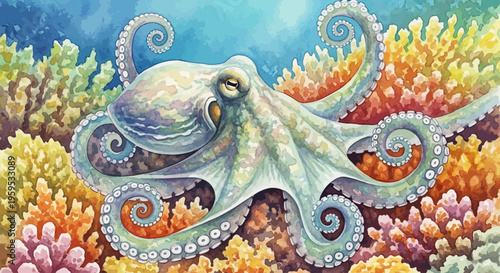 Vibrant Octopus Exploring a Colorful Coral Reef in Tropical Ocean Depths