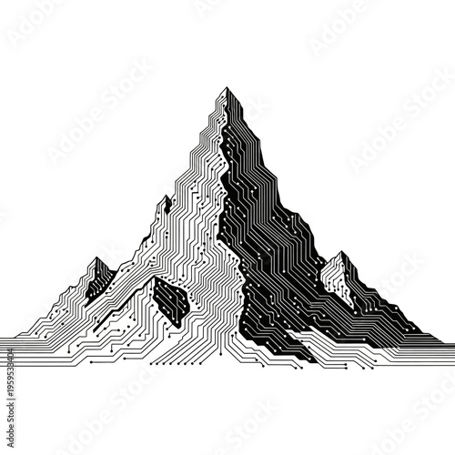 Digital Mountain Peak: Abstract Circuit Board Landscape, Technology Concept