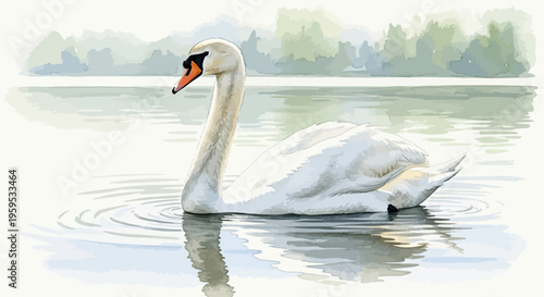 Elegant White Swan Gliding Gracefully on Calm Lake at Sunrise with Soft Misty Background Serene Nature Photography