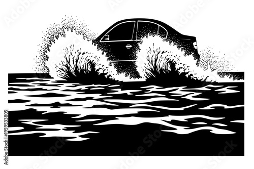 Car Driving Through Flood Extreme Weather Flash Flood Water Splash Safety Black Vector Silhouette