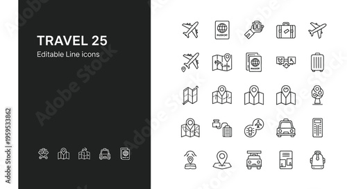Editable black line icons set dedicated to various international travel and navigation concepts