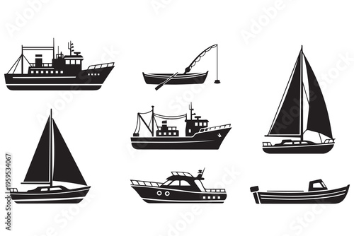 Marine Vessels and Fishing Boat Silhouettes Vector Set