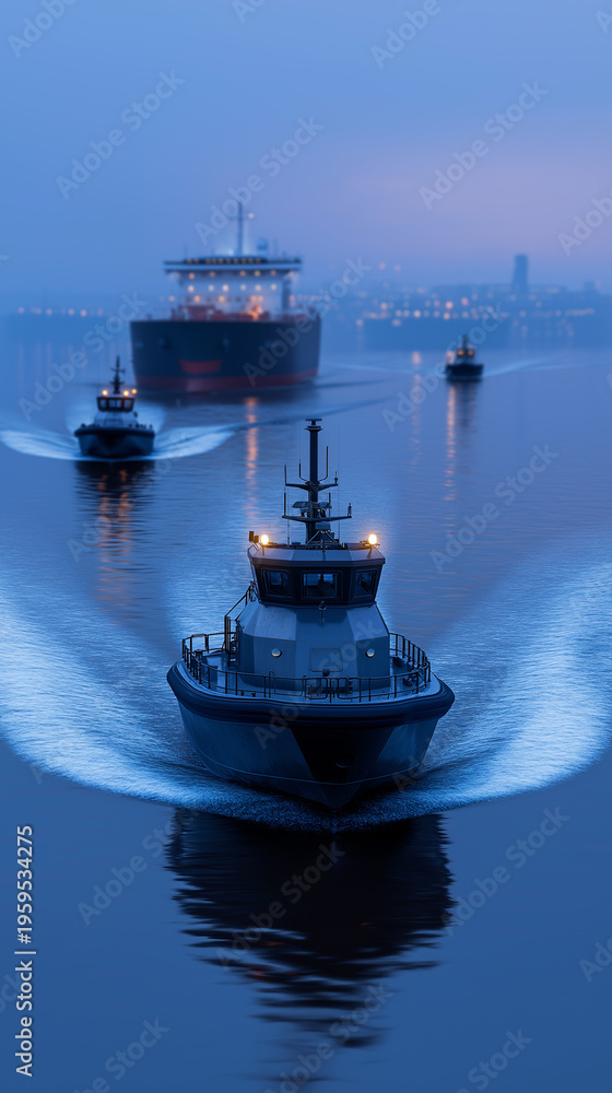 Naklejka premium Naval escort vessels guiding cargo ship through strategic waterway, symbolizing maritime security and military presence in Strait of Hormuz.