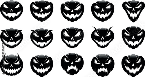 Halloween pumpkin faces set with scary angry jack o lantern expressions spooky black vector illustration horror icons collection isolated design