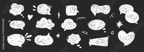 Crayon Speech Bubbles comic scribble talk balloon in sketch style, grunge texture pencil naive doodle conversation message icon