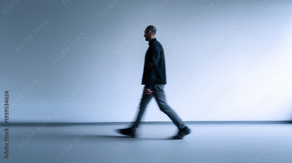 Obraz premium Blurred man walking in motion in modern gradient studio, symbolizing movement, speed and contemporary lifestyle.