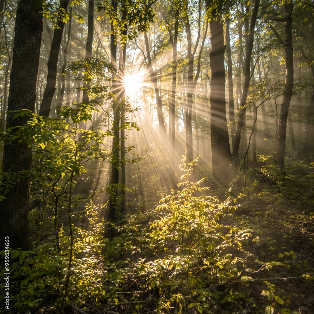 Obraz premium Sun Rays Through Forest Trees Nature Background