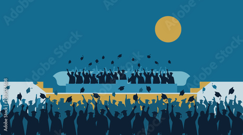 Joyful silhouettes of numerous graduates celebrating their academic achievement by tossing caps into the air under a serene golden sky, flat vector illustration