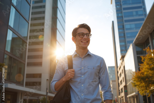 A cheerful man wearing glasses and a blue shirt, carrying a bag, walking through a modern city with tall buildings in the background.