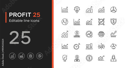 Twenty-five editable line icons collection showcasing profit, investment, and success for business growth concepts.