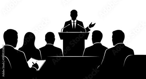 Speaker addressing an audience from a podium, symbolising public speaking and presentation