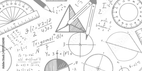 A close up view of mathematical formulas and engineering tools sketched on a white background paper