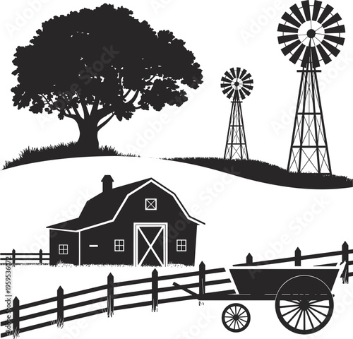 Silhouette of rural farm scene with barn, windmills, wagon, fence and large tree on grassy hill countryside vector illustration