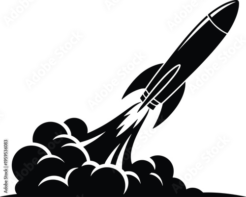 Silhouette of rocket launching upward with flames and smoke trail symbolizing space exploration, innovation and technological advancement vector illustration