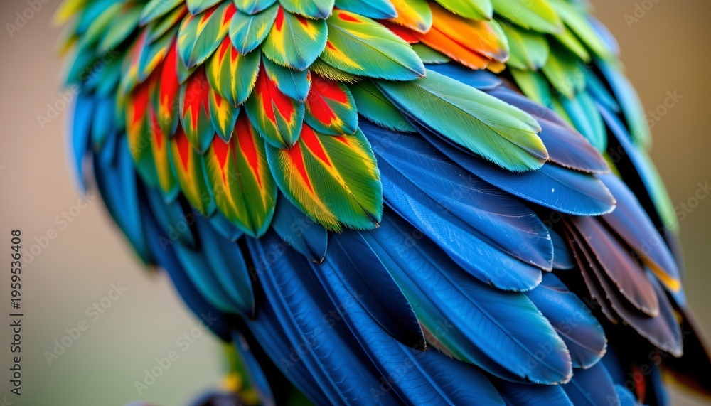 Obraz premium The image showcases a close up view of a bird's vibrant, multicolored feathers