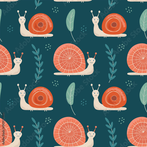 Snail in the leaves seamless pattern. Fashionable children's infinite textures for fabric and packaging. vector