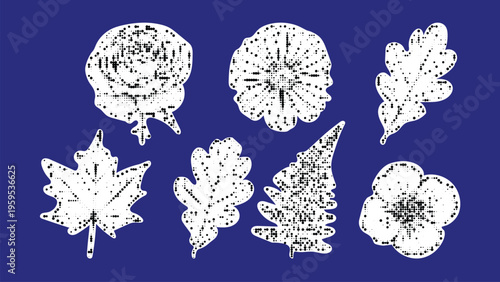 Set of diverse leaf shapes rendered halftone dotted patterns on blue background vector graphics