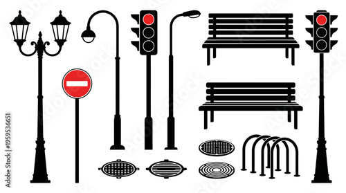 Urban street silhouettes showing lamps, traffic lights, benches, manhole covers, bike racks, and signage, representing public space design elements.