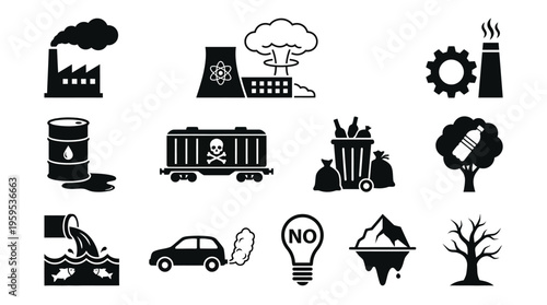 Twelve pollution icons in grid, black outlines, depicting factories, waste, exhaust, radiation, garbage, oil spills, water contamination, environmental hazards.