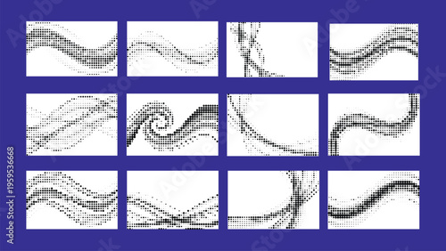 Collection of abstract wavy halftone dotted lines and shapes on blue background vector graphics