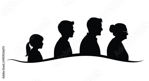 Black silhouette profile illustrations depict the cycle of human life across four distinct stages of age progression