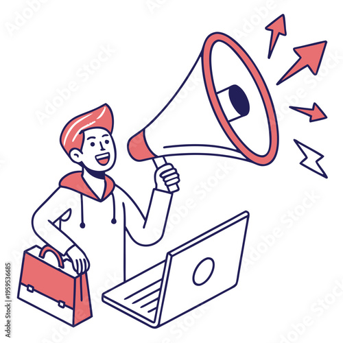 Man with briefcase and laptop shouting through megaphone, affiliate marketing concept.