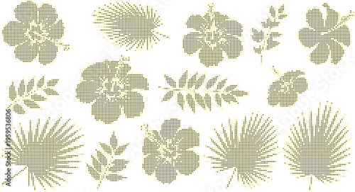 Collection of stylized tropical floral and palm leaf elements in a minimalist halftone dot art design for graphic design and decoration