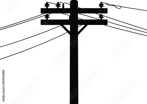 Silhouette of utility pole with crossarms, insulators and electrical wires representing power distribution infrastructure vector illustration design