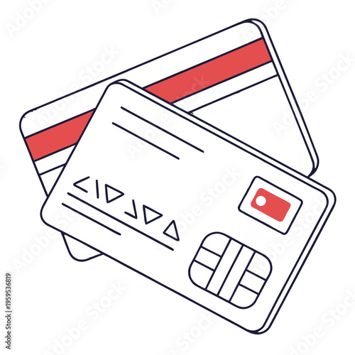 Two credit cards, one front and one back, with chip and red stripe, symbolizing payment and financial transactions.