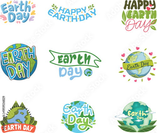 Happy earth day celebrations: festive typography with global graphics and leafy accents with hand drawn