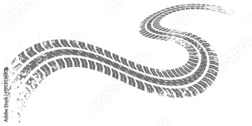 A detailed dark grey tire track pattern curving across a blank white background for design work