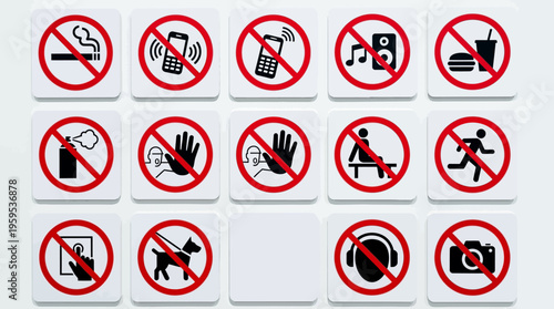 Twelve prohibition signs in grid layout, red circles with diagonal lines, universal pictograms showing restricted actions in public spaces.