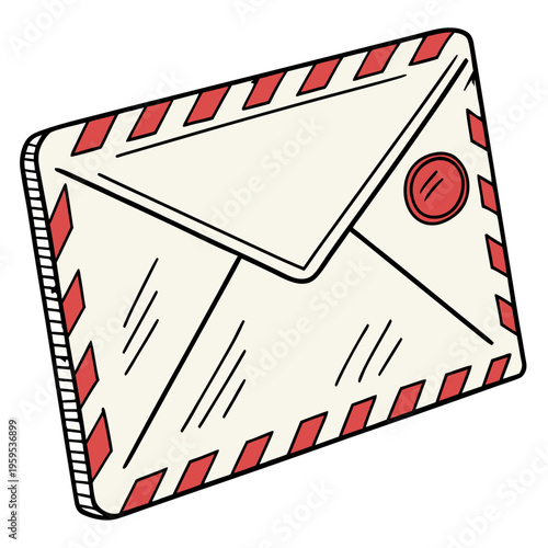 Hand-drawn vector illustration of a closed envelope with red striped edges and a wax seal