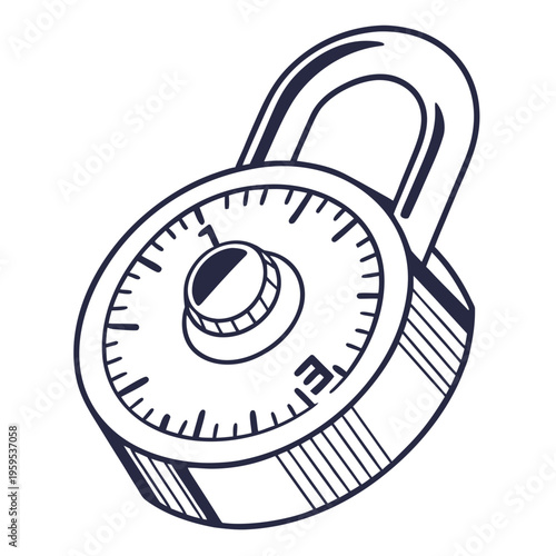 Hand-drawn vector illustration of a combination lock with a dial and numbers for security.