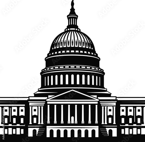 Black and white illustration of United States Capitol building with dome, columns, arches, neoclassical architecture symbolizing American democracy governance