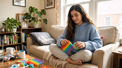 Young woman using colorful sensory fidget toys while sitting on a sofa at home. Neurodivergent adult stimming with a pop it and spiky ball for focus and stress relief. Neurodiversity lifestyle