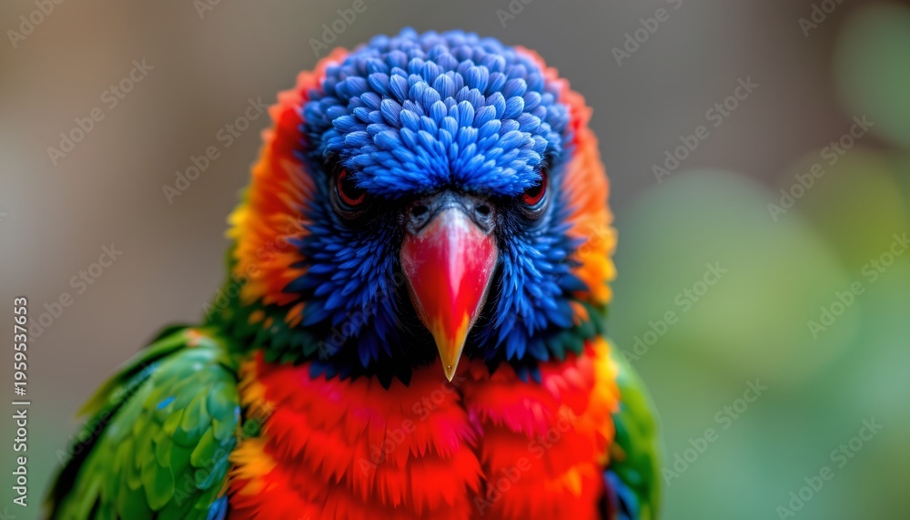 Fototapeta premium The image features a brightly colored bird with a vivid, multicolored plumage. Its head is covered in numerous blue feathers, with a striking red beak at the center