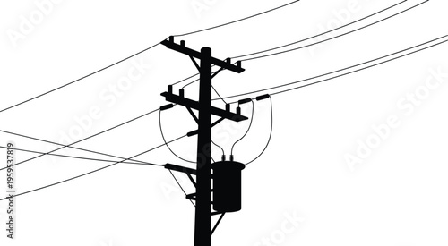 Silhouette of electrical utility pole with transformer and power lines infrastructure for energy distribution in rural and urban landscape illustration