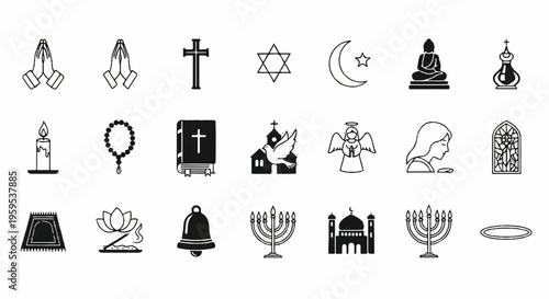Diverse religious symbols and icons for various faiths and spirituality representing different cultures and beliefs