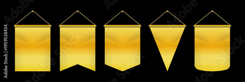 Golden Banner Flag Set with Hanging Rope, Realistic Fabric Pennant Shapes, Vector Mockup Template for Branding and Decoration