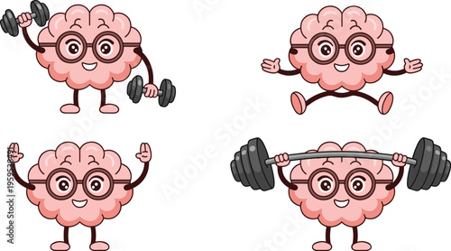 Cute brain mascot character flat vector illustration set wearing glasses and lifting dumbbells for mental health and brain training concepts.