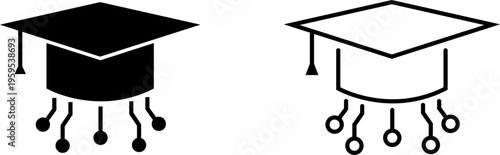 Logo design showing two graduation caps with technology elements connected to them