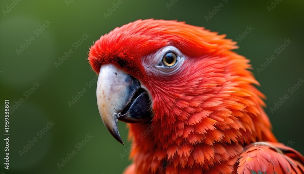 Fototapeta premium The image features a close up of a vibrant parrot with striking red and orange plumage. Its head is turned slightly to the side, showcasing a large, curved beak and intense eye detail
