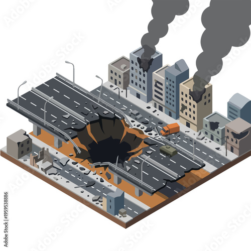 vector isometric city road conditions damaged by missile attacks 4